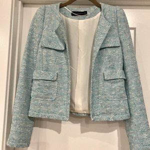 ZARA mint / light sky blue and metallic tweed blazer XS